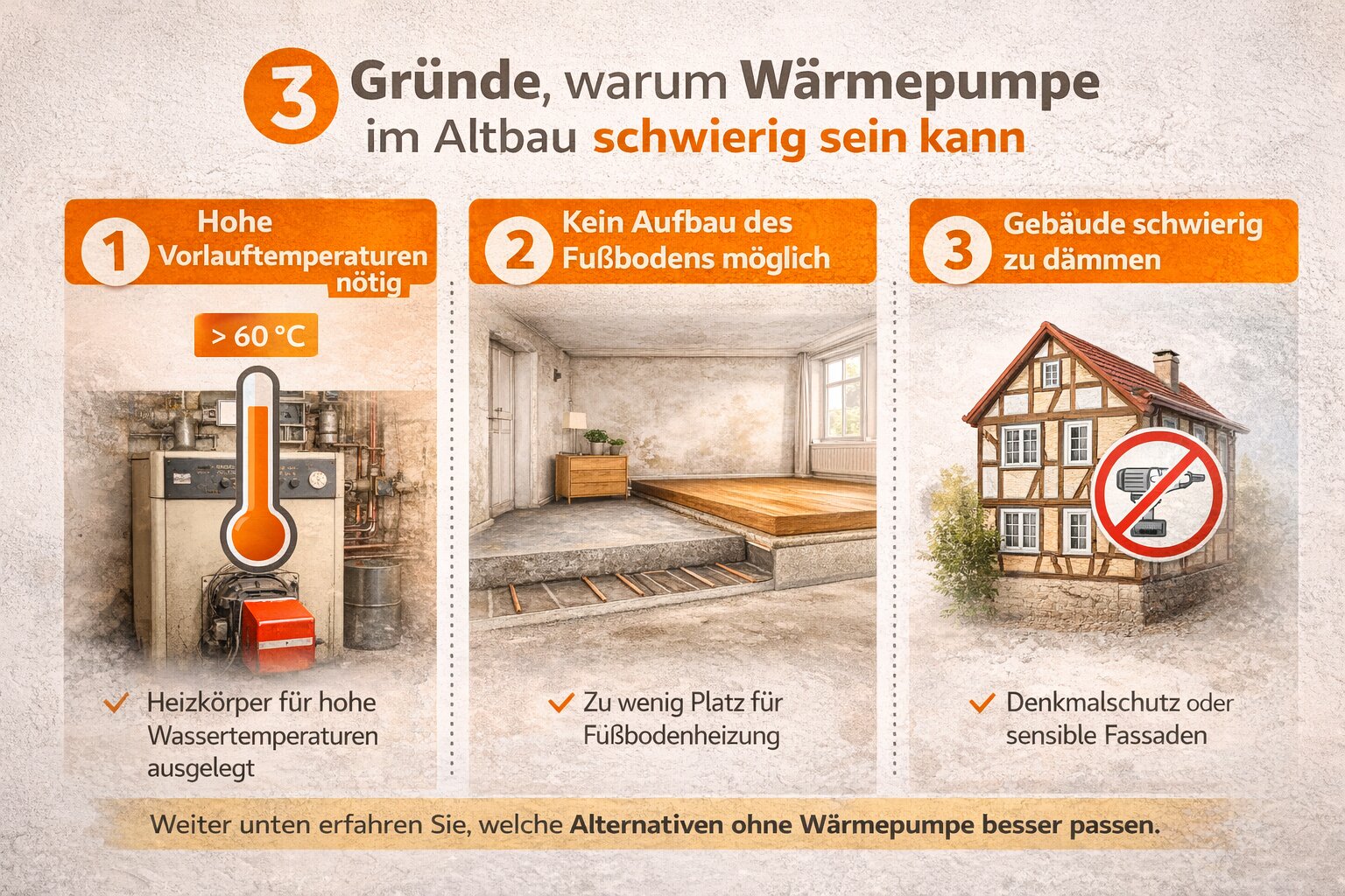 Diagramm mit drei Gründen warum Wärmepumpen im Altbau schwierig sein können